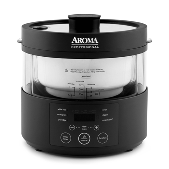 Aroma AMC-800 SmartCarb multicooker with a transparent glass vessel, shown in the Aroma Housewares 2025 product catalog; photo-versus-render status unknown.