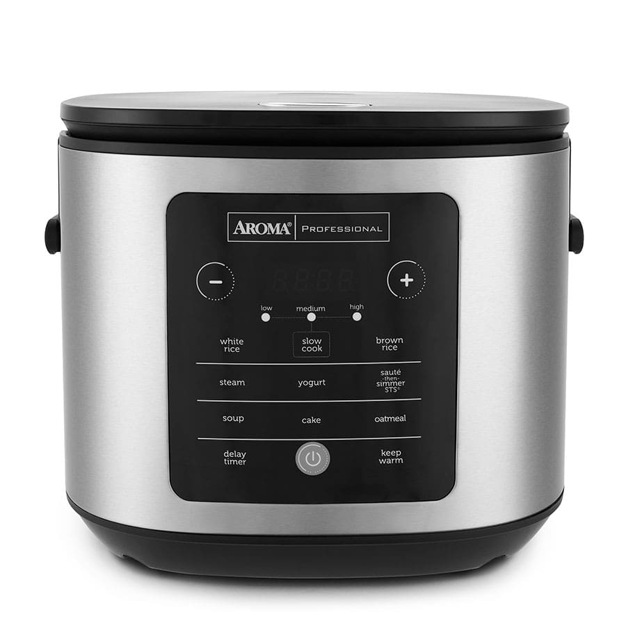 Aroma ARC-1290C rice and grain multicooker with brushed-metal body, closed dark lid, and front control panel.