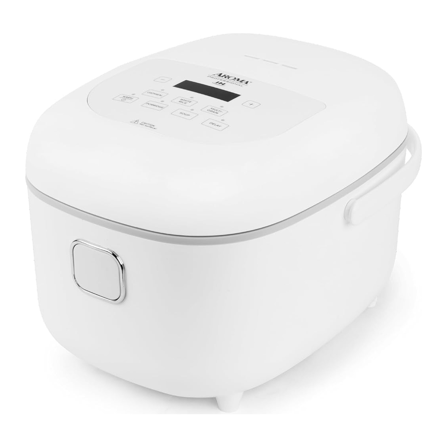 Aroma ARC-7604 rice cooker with a white rounded body and top-mounted control panel, in an image associated with its exact-model manual; not a hands-on test.