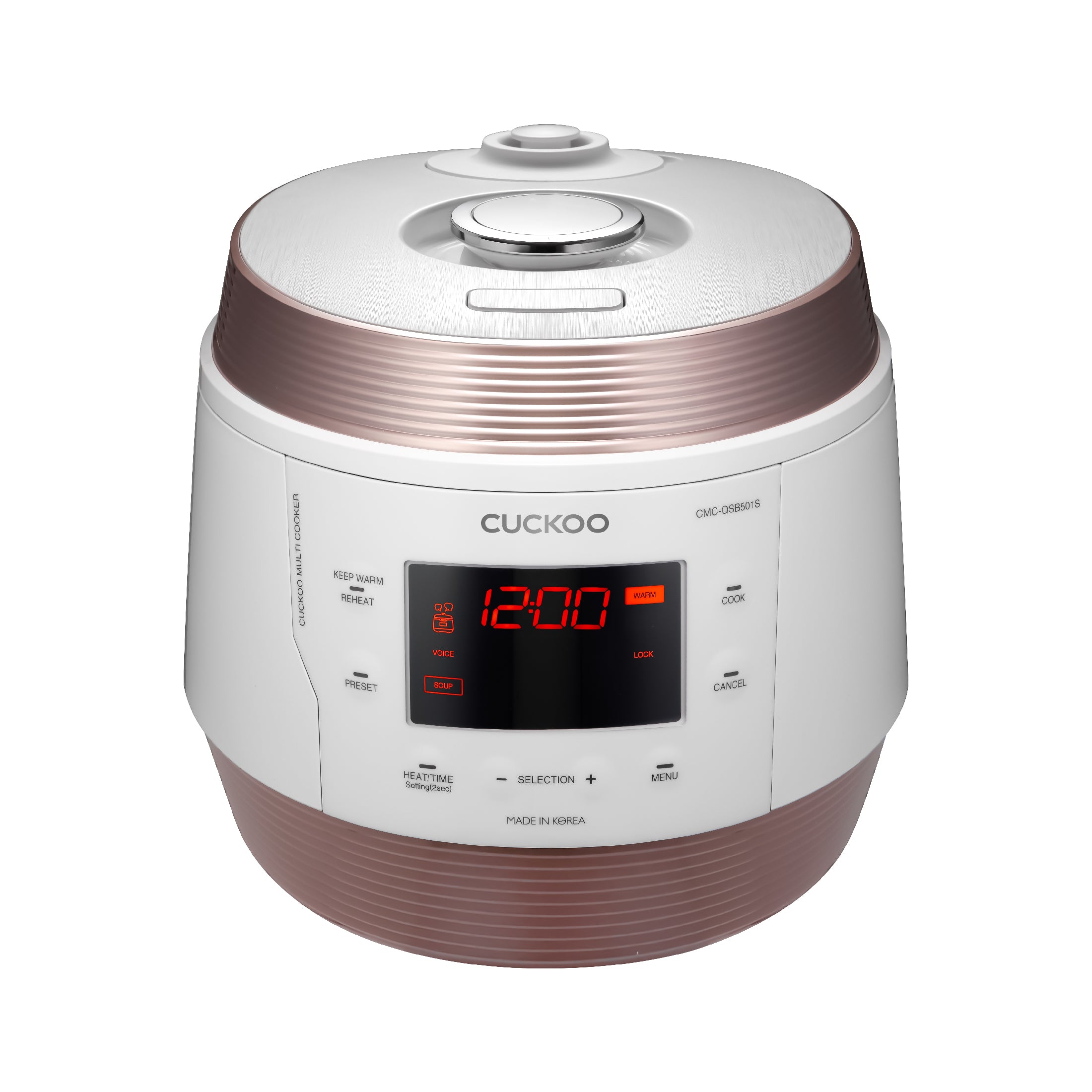 Cuckoo CMC-QSB501S white and rose-metallic pressure multicooker; exact model marking is visible on front