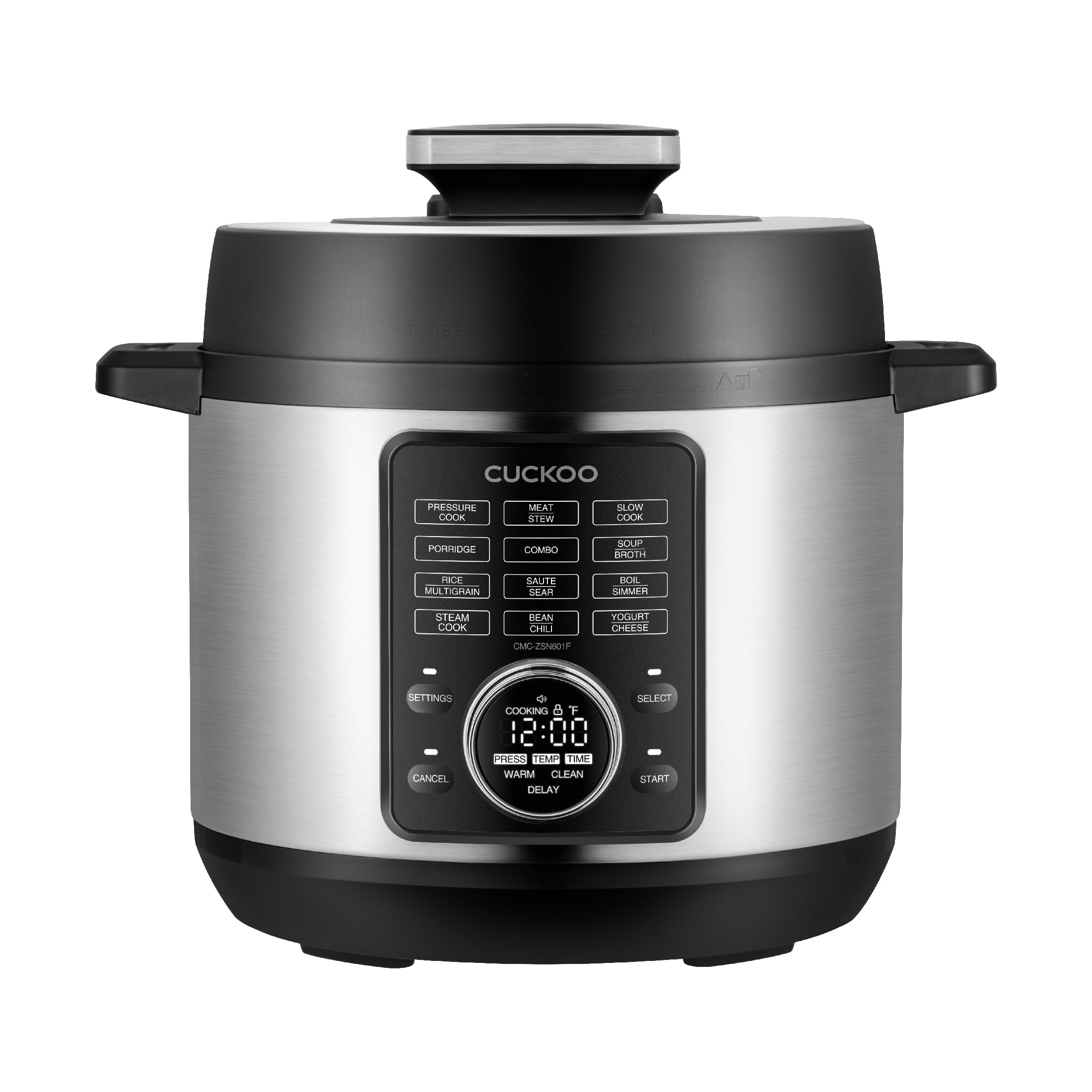 Multicocina a presión de acero inoxidable de seis cuartos Cuckoo CMC-ZSN601F; el panel lleva la etiqueta Rice Multigrain.