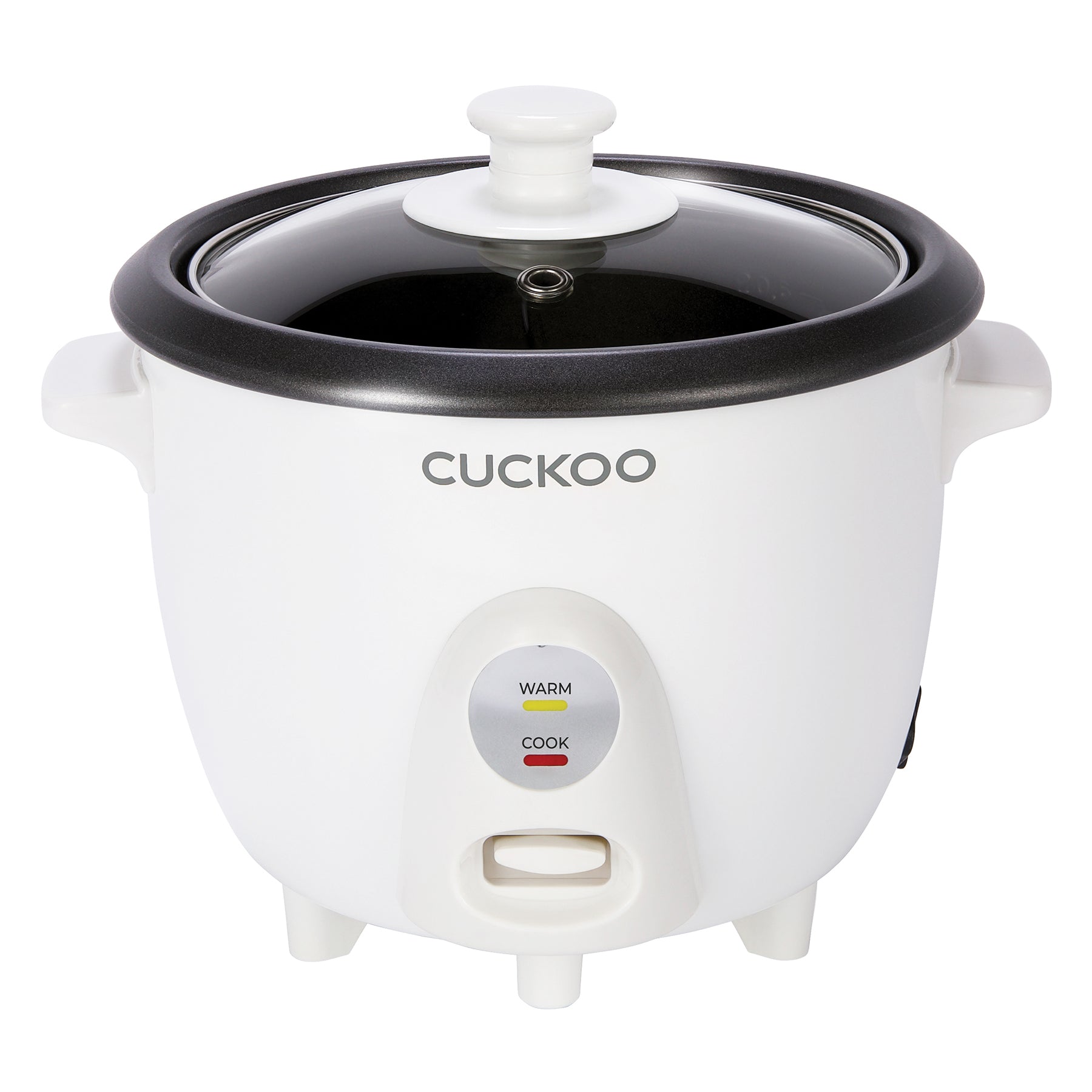 White CUCKOO CR-0301C one-touch rice cooker with glass lid and Cook/Warm indicators.