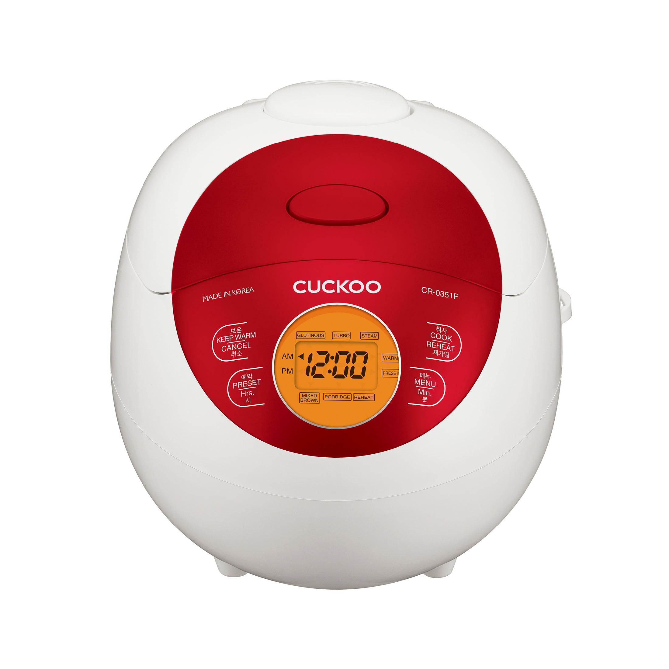 Cuckoo CR-0351F white rice cooker with red control panel (CR-0351FR).