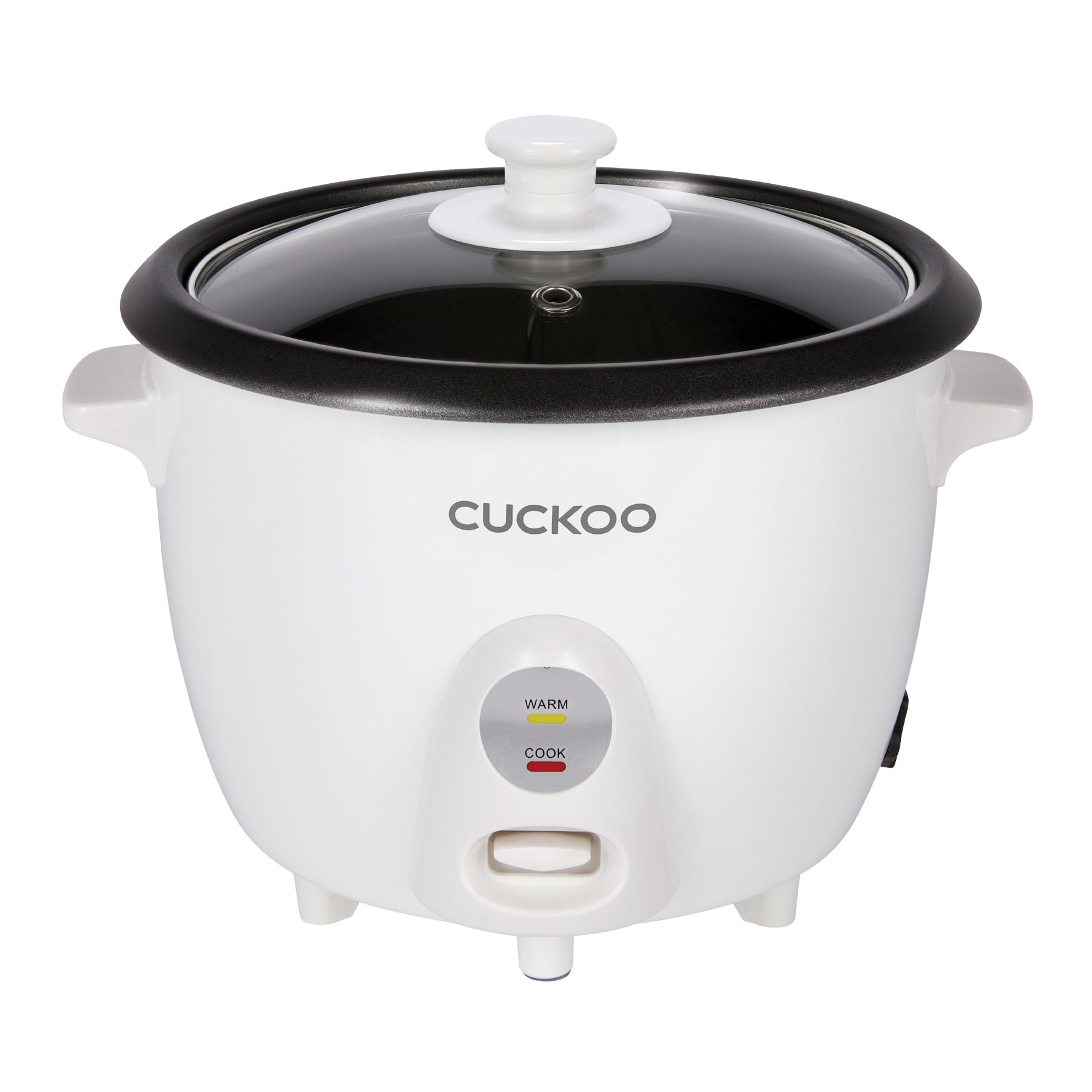 White Cuckoo CR-0601C one-touch rice cooker with glass cover and front Cook/Warm controls. Exact page association; no legible model mark on shown body.