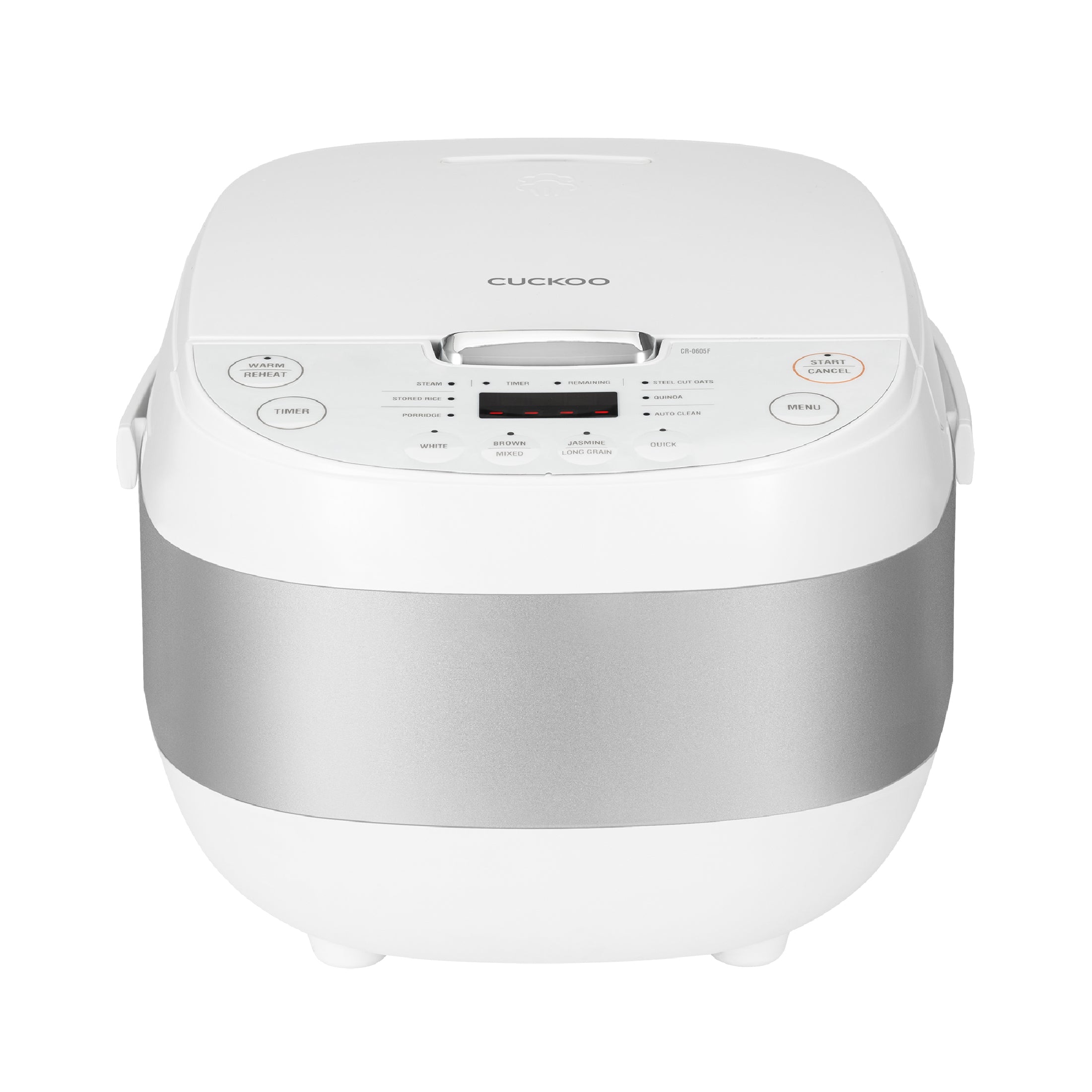 White and silver CUCKOO CR-0605F rice cooker; the front control panel and model label are visible.