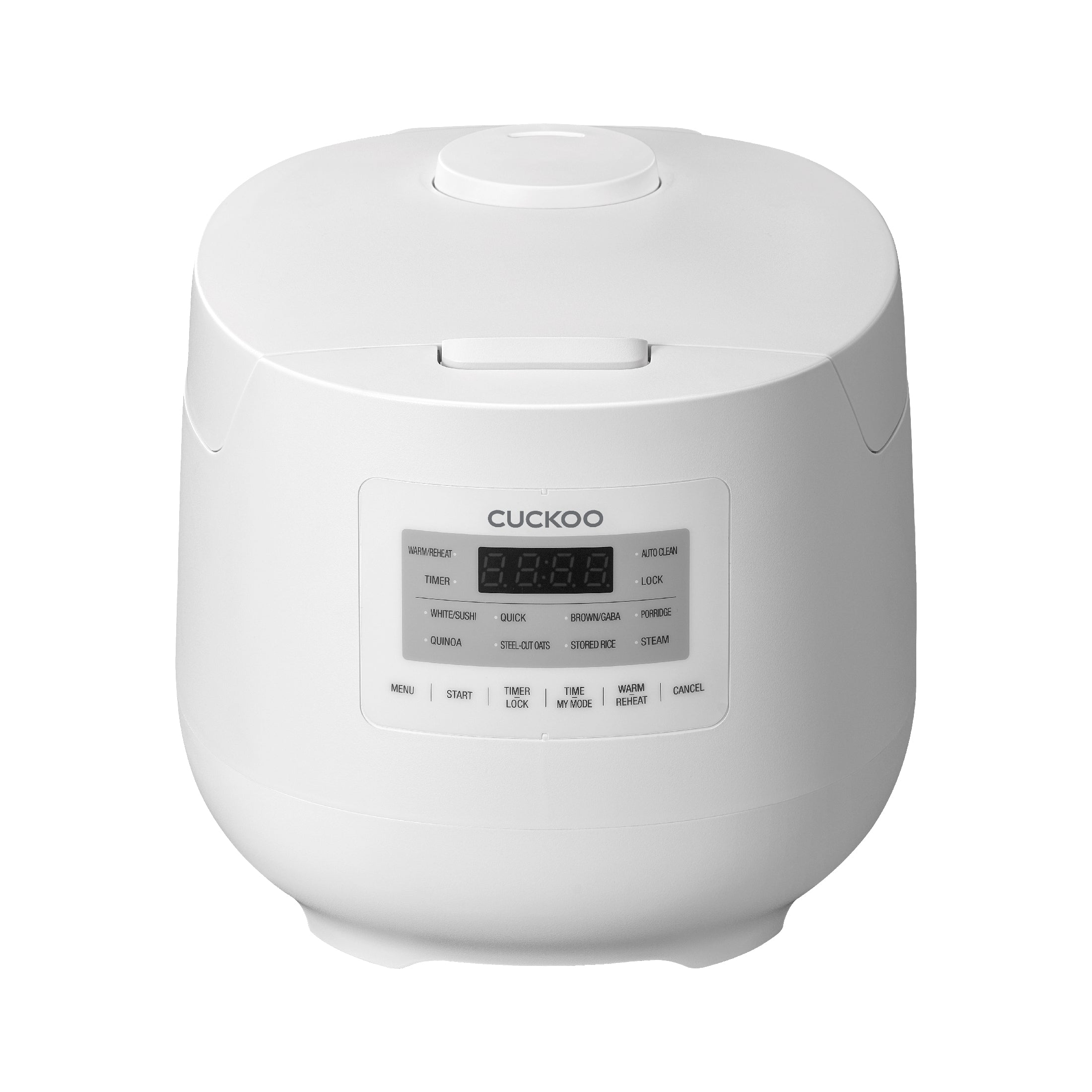 White CUCKOO rice cooker with rectangular front menu and clock display.