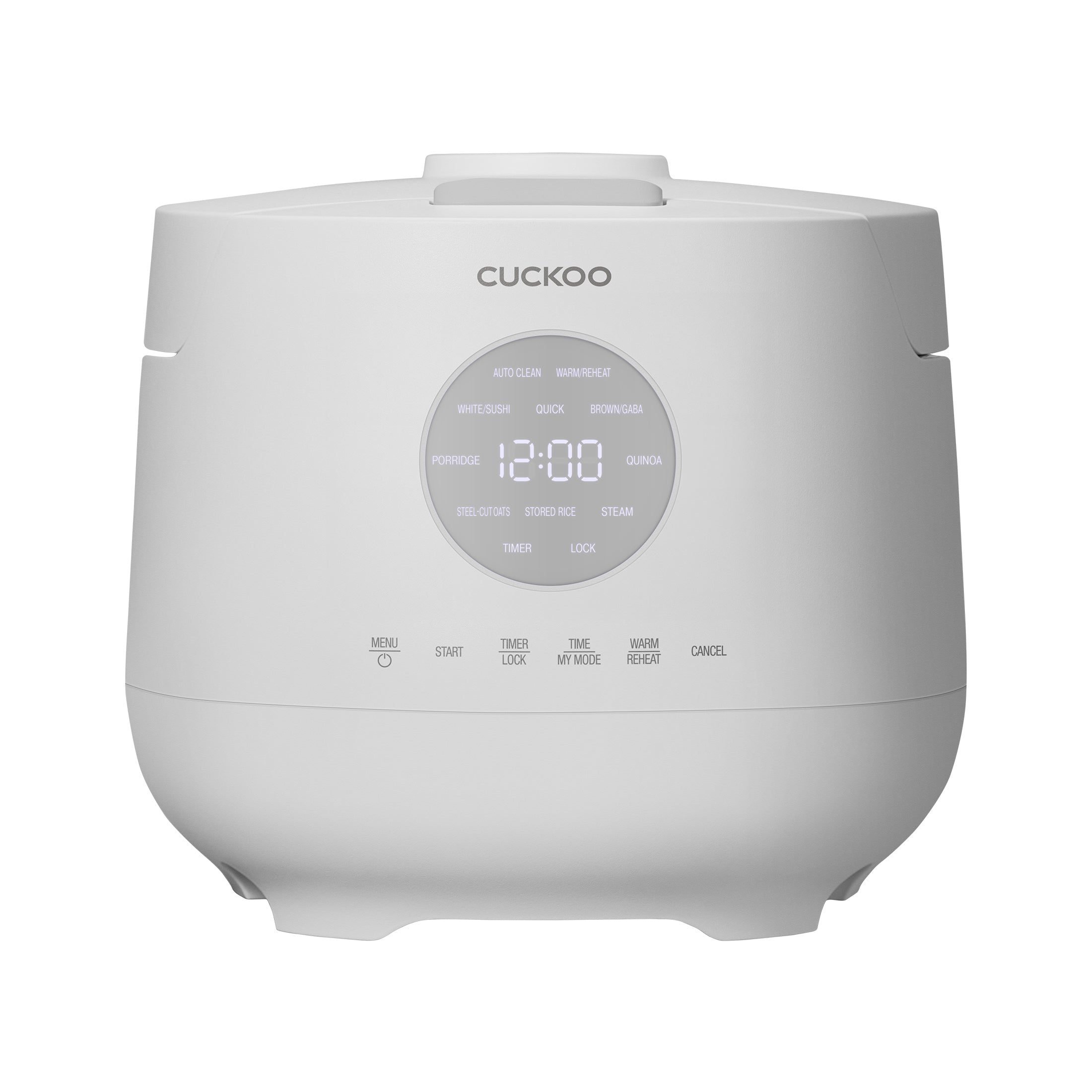 White CUCKOO rice cooker with round front LCD and menu controls.