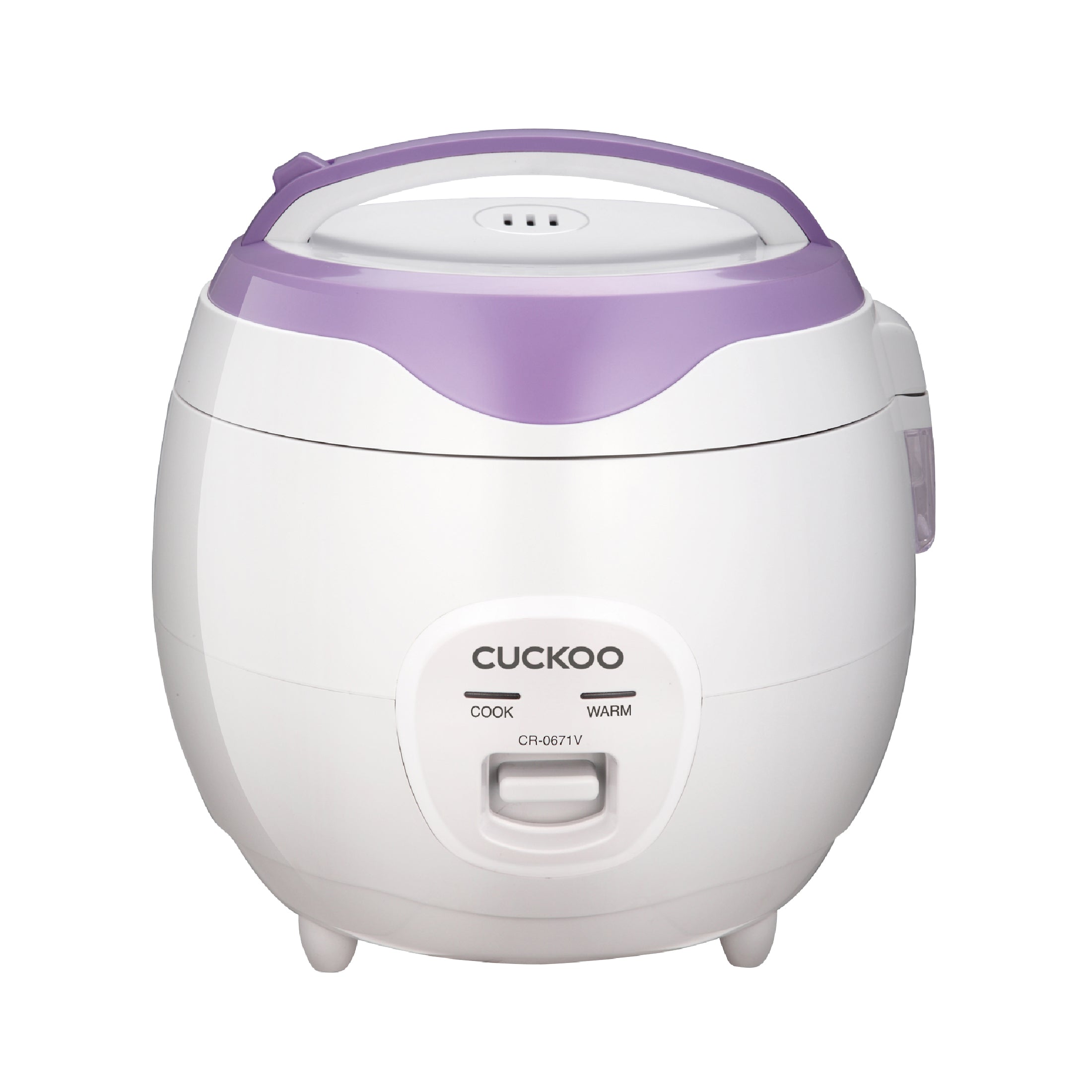 Arrocera CUCKOO CR-0671V blanca y morada con un solo interruptor frontal Cook/Warm; se ve la marca del modelo.
