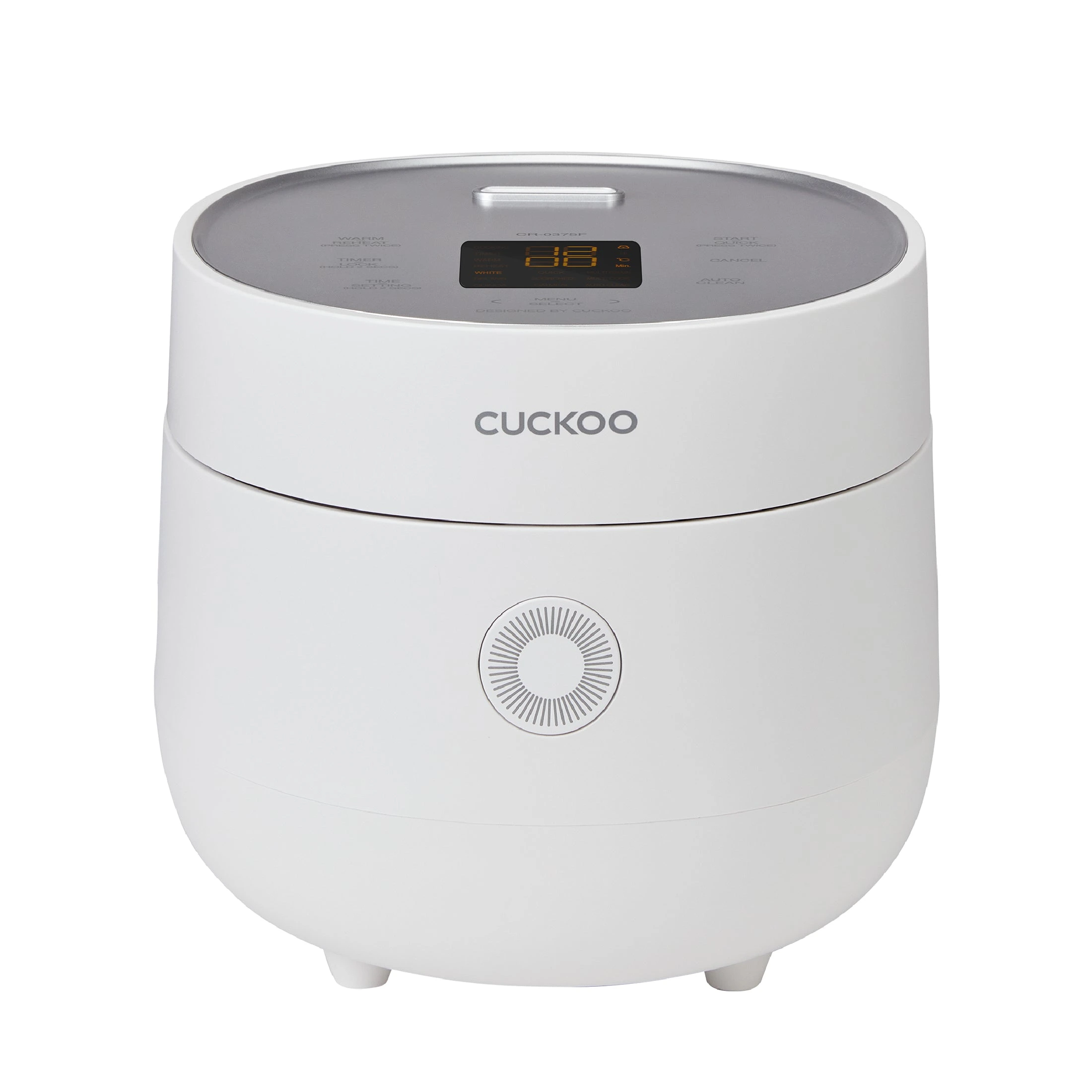 White Cuckoo CR-0675F six-cup rice cooker with top controls and round front lid release