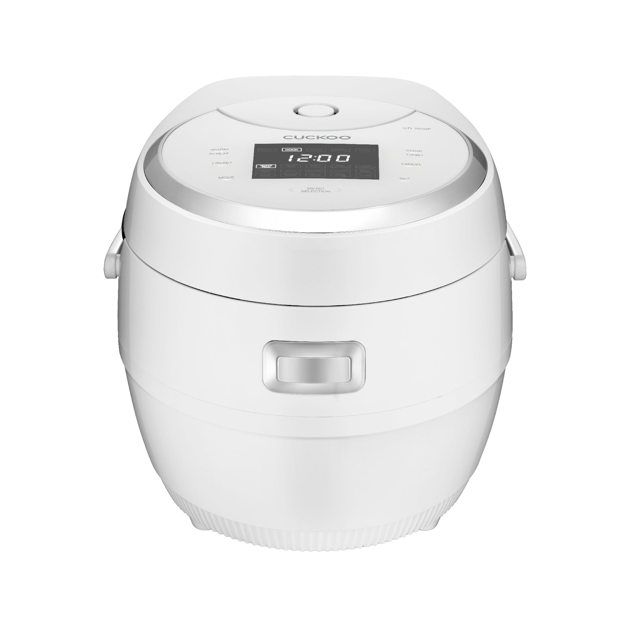 White CUCKOO CR-1020F rice cooker with a top-mounted control panel, shown in the manufacturer gallery.