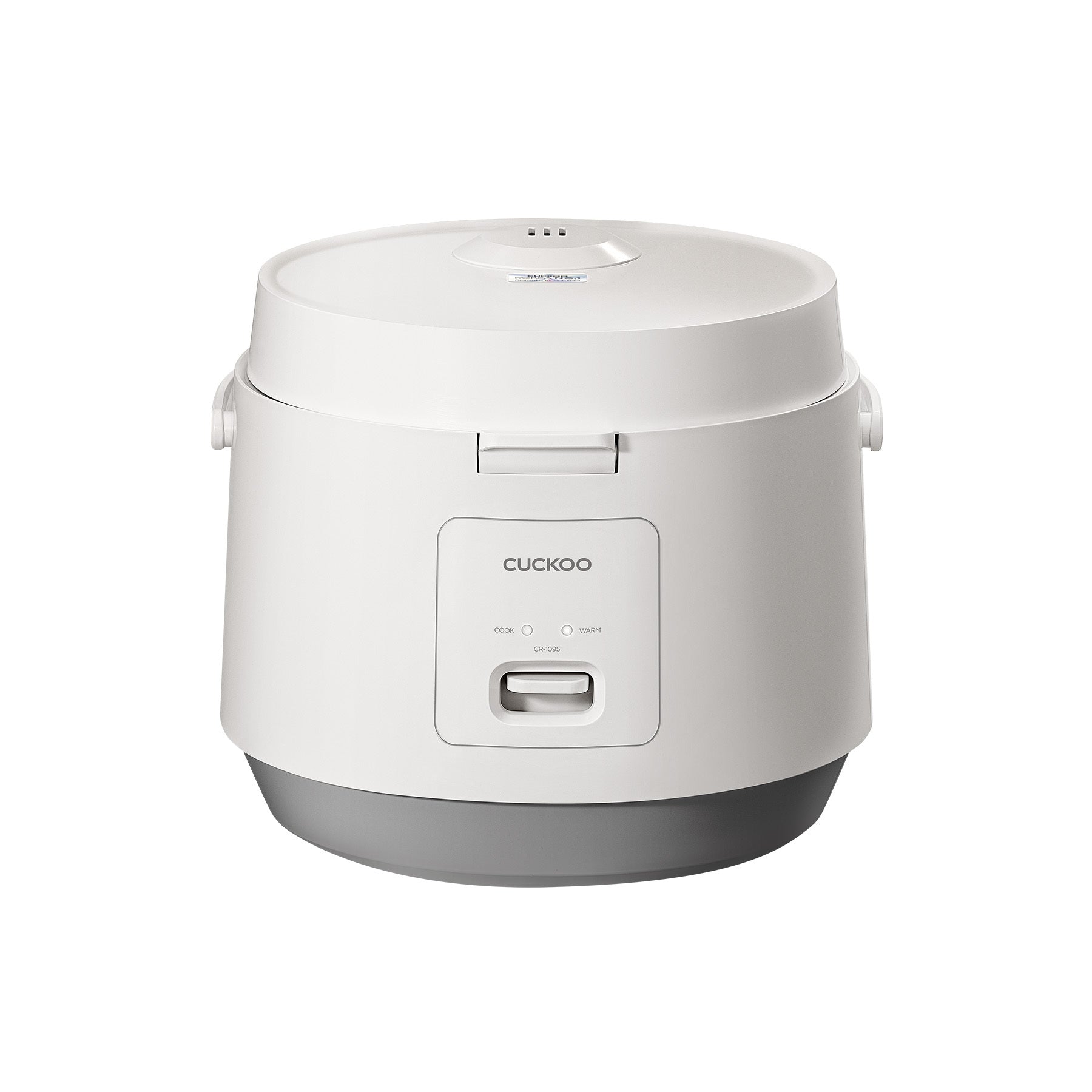 Arrocera blanca CUCKOO CR-1095 con base gris y controles Cook/Warm en la parte frontal; se ve la marca del modelo.