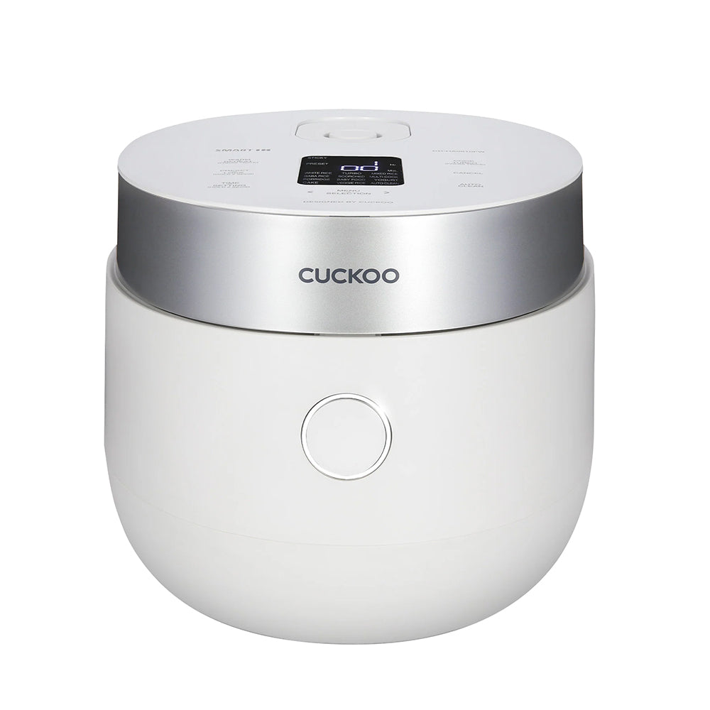 Arrocera blanca CUCKOO de la serie CR-HA0810F-family, con una banda superior de aspecto metálico y un panel de control en la parte superior; el SKU blanco exacto CR-HA0810FW está enlazado desde la página de galería del fabricante.