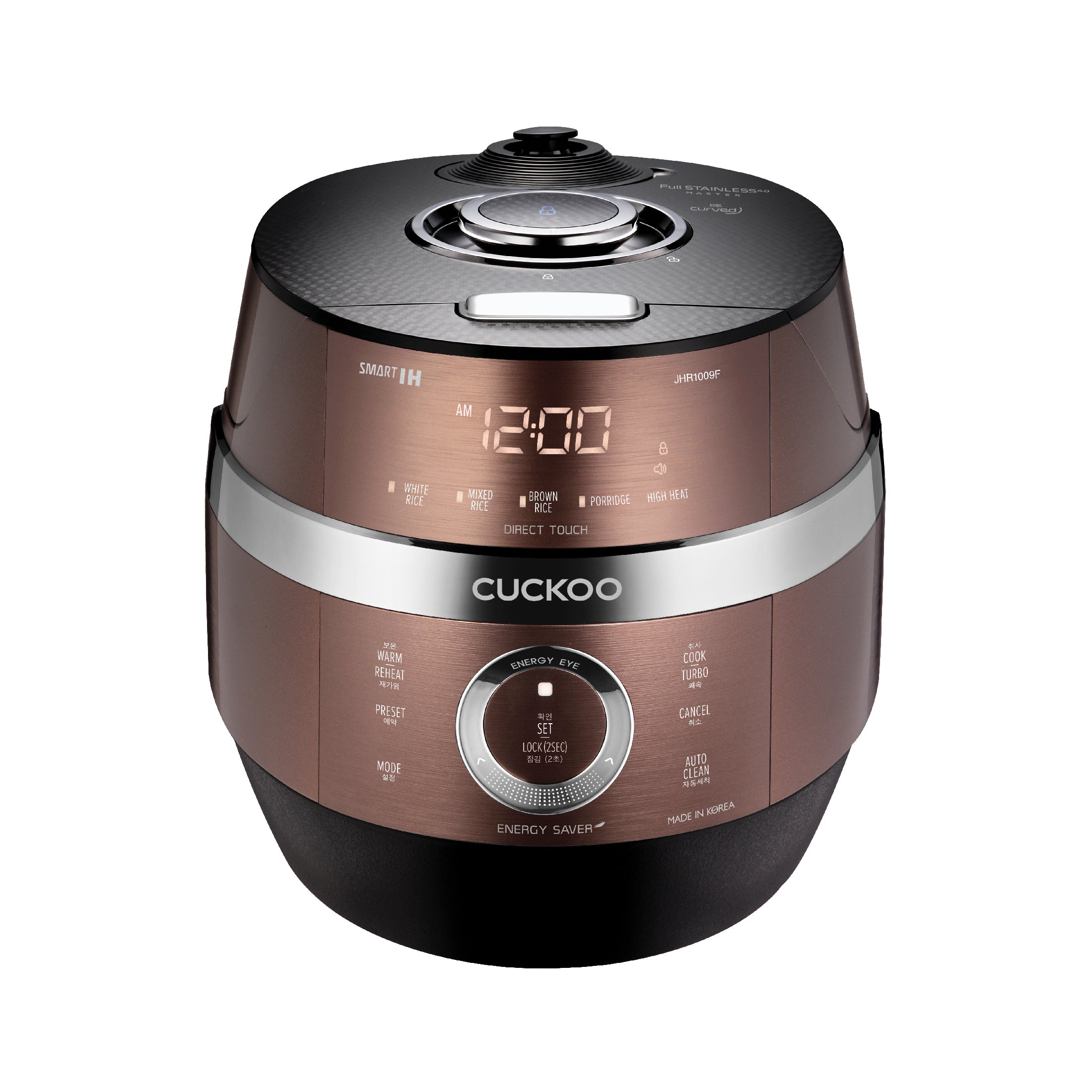 Cuckoo CRP-JHR1009F copper-and-black induction pressure rice cooker; JHR1009F front marking visible.