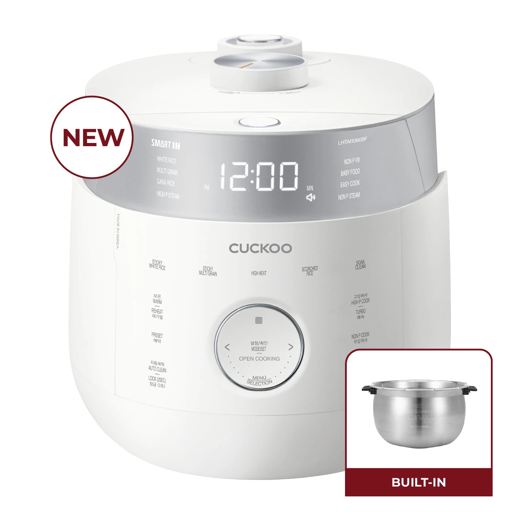 Cuckoo CRP-LHTAR0609FW in white with manufacturer inset of the supplied stainless steel pot