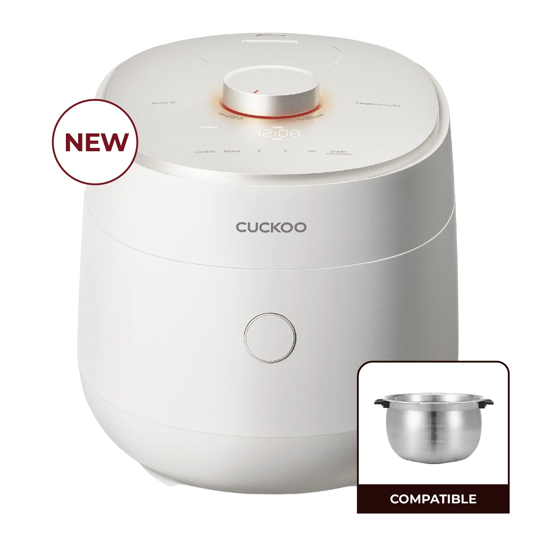 Manufacturer composite image of the white Cuckoo CRP-OHTR0609FW with a separate compatible stainless-steel pot inset
