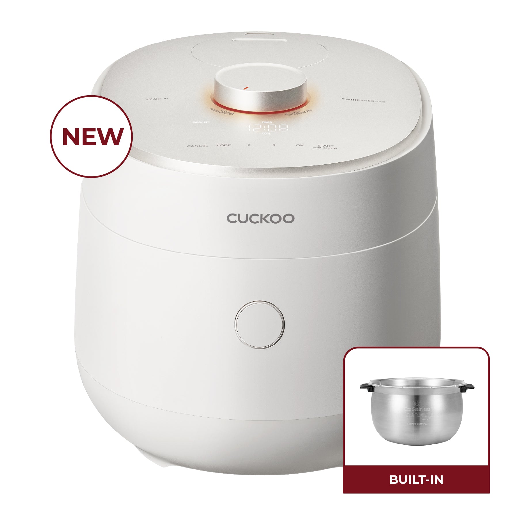 Imagen de la arrocera Twin Pressure blanca CRP-OHTR1009FWS enlazada desde la página de CUCKOO; el recuadro muestra una olla interior de acero inoxidable.