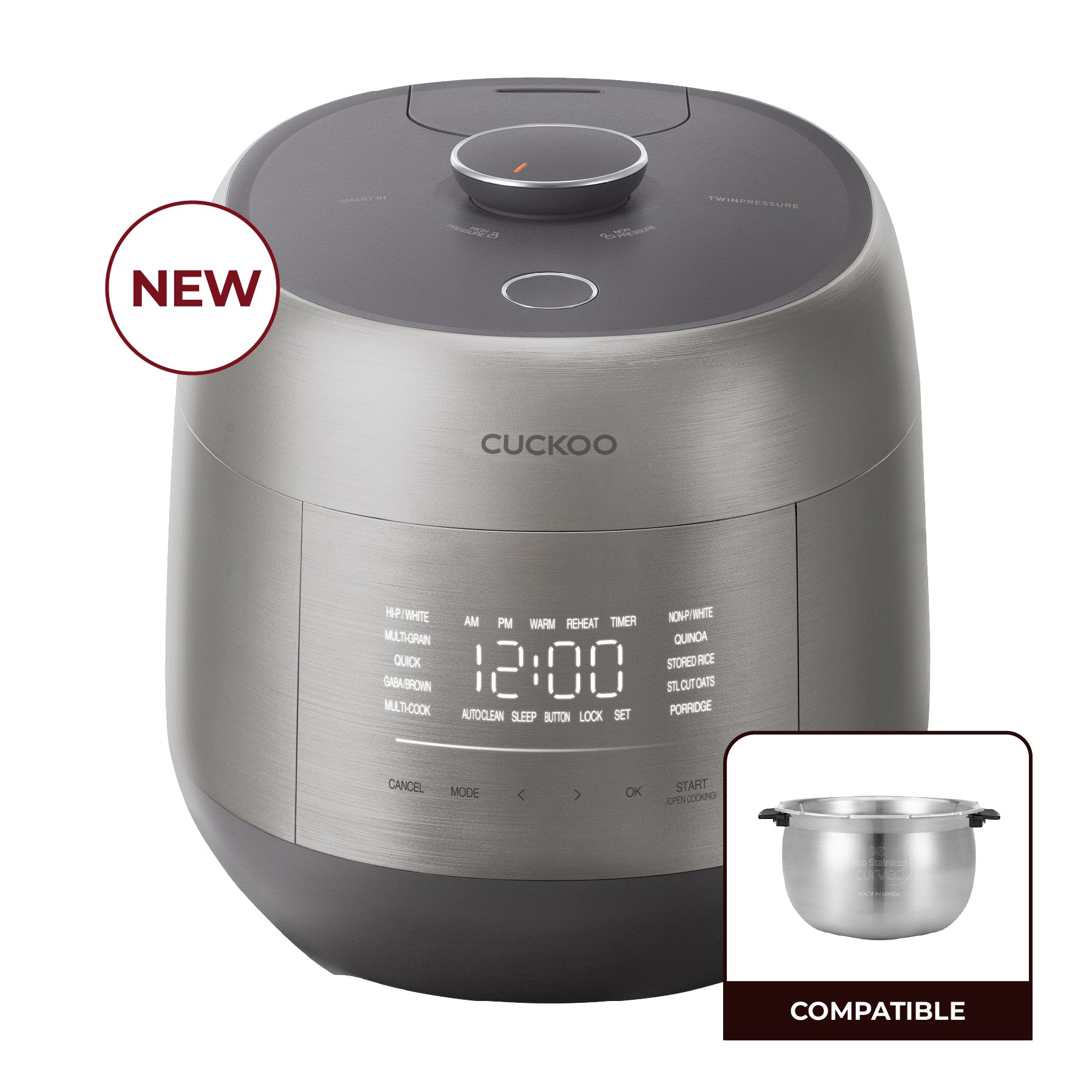Cuckoo CRP-PHTR0609FS metallic-gray IH Twin Pressure cooker with a compatible steel inner-pot inset.