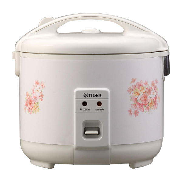 Tiger JNP series conventional rice cooker, white floral finish and front cook/warm switches. Manufacturer page covers JNP-0550, JNP-1000, JNP-1500 and JNP-1800; exact capacity pictured is not identified.